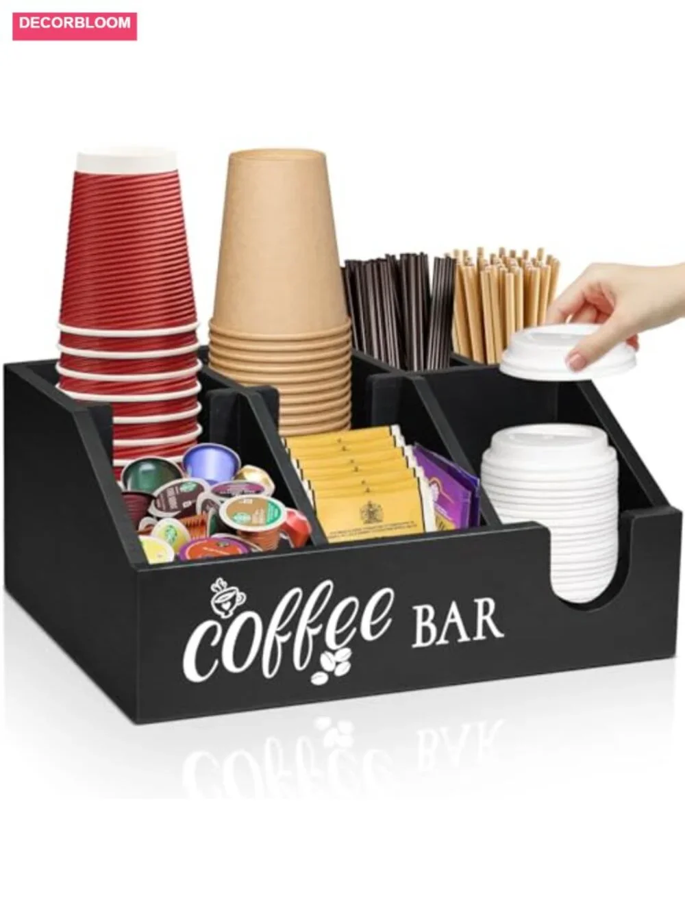 Rustic Wood Coffee Station Organizer, 6 Compartment Counter Storage Basket